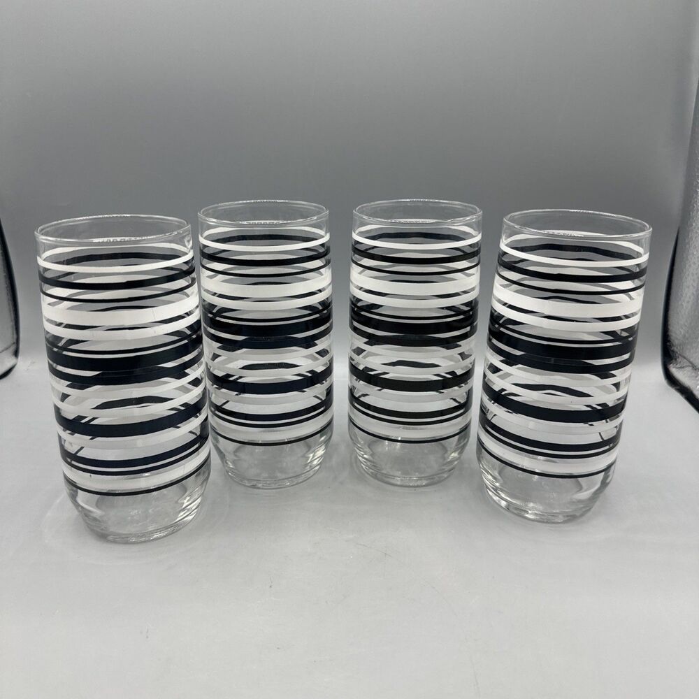 Vintage Libbey Black & White Striped Glasses Tumblers Ice Tea 16 oz MCM 6" Set/4